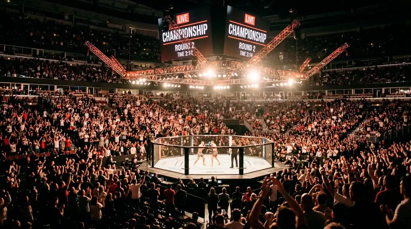 Packed UFC arena during a live event with fans watching fighters compete inside the octagon