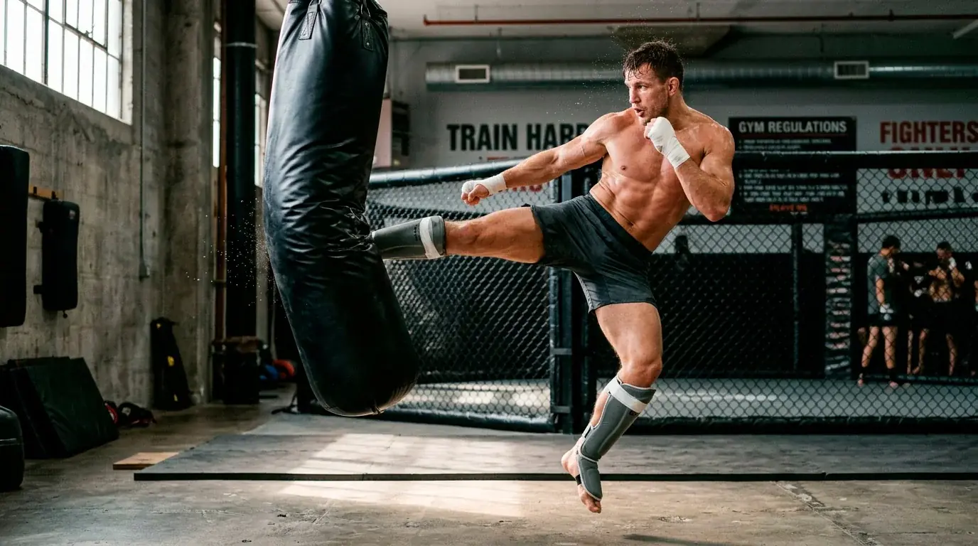 MMA fighter training striking technique on heavy bag in a professional gym