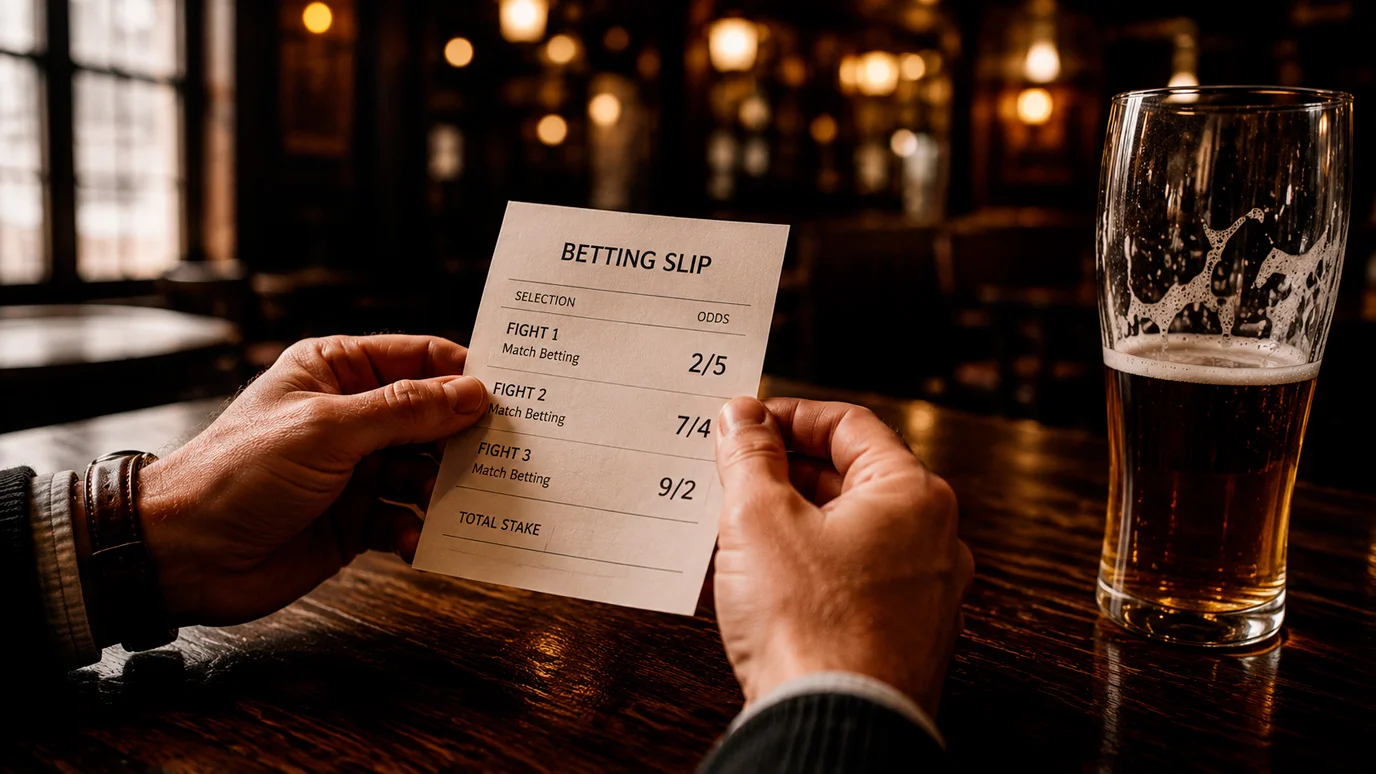 Punter reviewing UFC fractional odds on a betting slip at a UK sportsbook