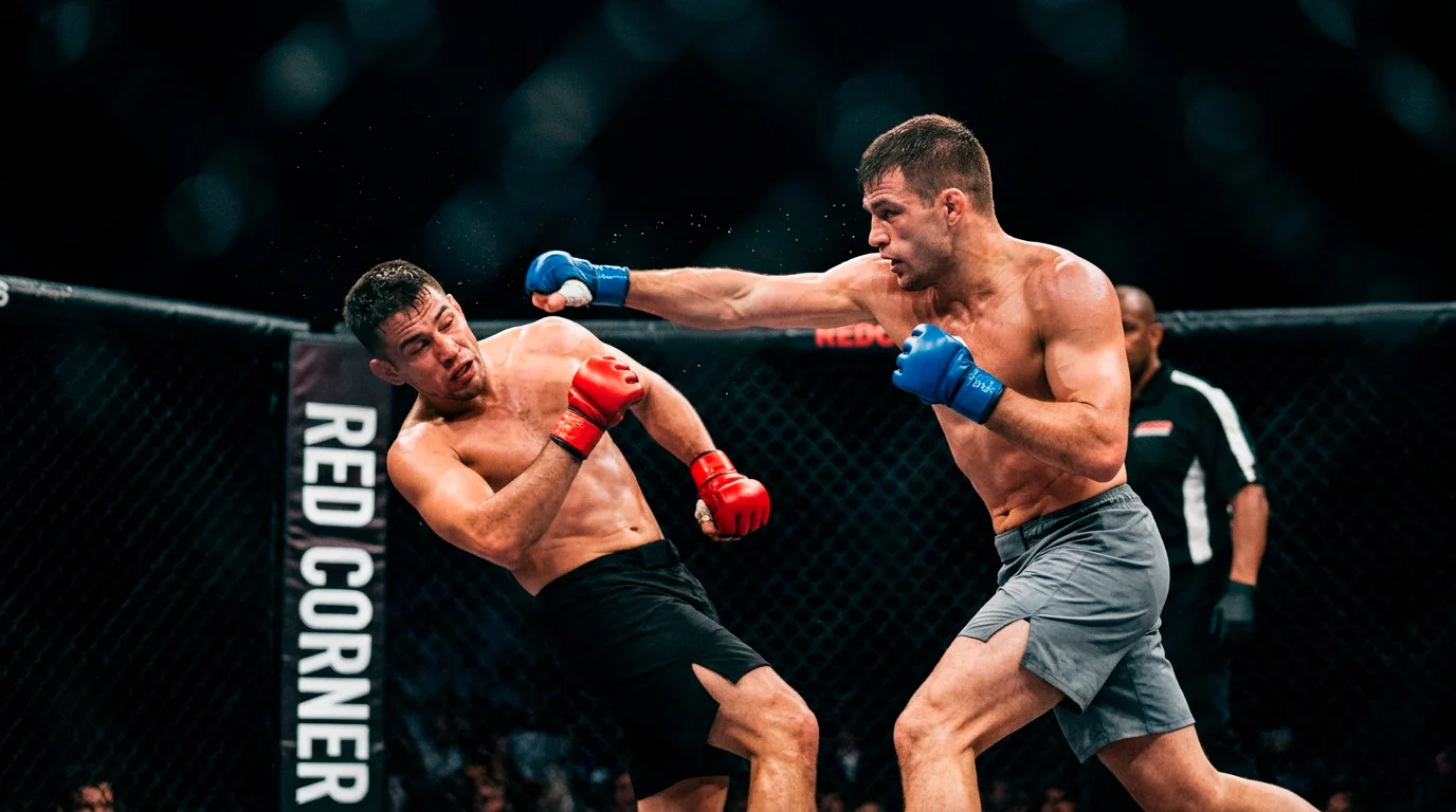 Two MMA fighters competing inside the UFC octagon during a live bout with arena lights